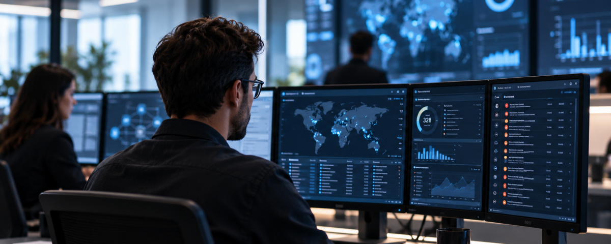 SOC 24/7 para empresas y qué debes saber antes de externalizarlo 2 Centro de ciberseguridad con mapas globales