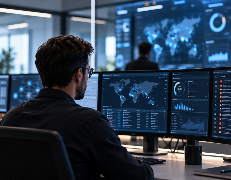 SOC 24/7 para empresas y qué debes saber antes de externalizarlo 17 Centro de ciberseguridad con mapas globales